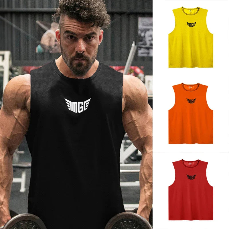 A muscular person wearing a black sleeveless shirt in a gym, showcasing a variety of colorful sleeveless shirts on the right.