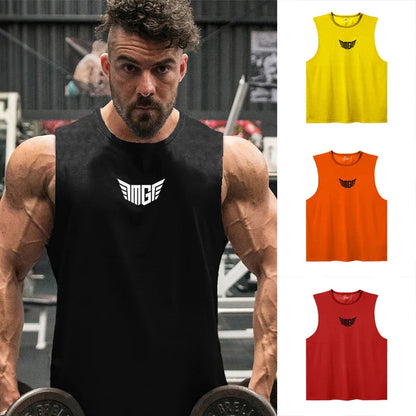 A muscular person wearing a black sleeveless shirt in a gym, showcasing a variety of colorful sleeveless shirts on the right.