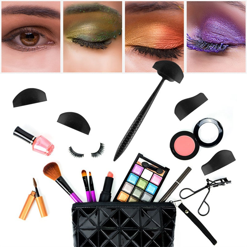 A collage showing different eyeshadow styles in green, orange, and purple above a variety of makeup items including brushes, lipstick, and a black bag.