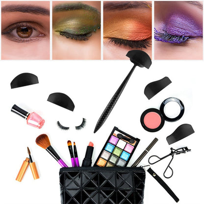 A collage showing different eyeshadow styles in green, orange, and purple above a variety of makeup items including brushes, lipstick, and a black bag.
