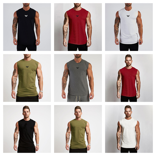 A grid of nine muscular men wearing various colored sleeveless shirts: black, red, white, gray, olive, and cream.