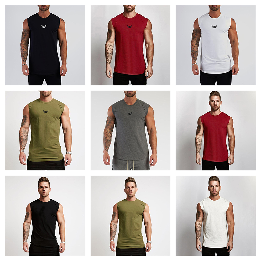A grid of nine muscular men wearing various colored sleeveless shirts: black, red, white, gray, olive, and cream.