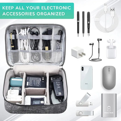 A zippered case neatly organizing various electronic accessories, including chargers, cables, headphones, and a power bank.