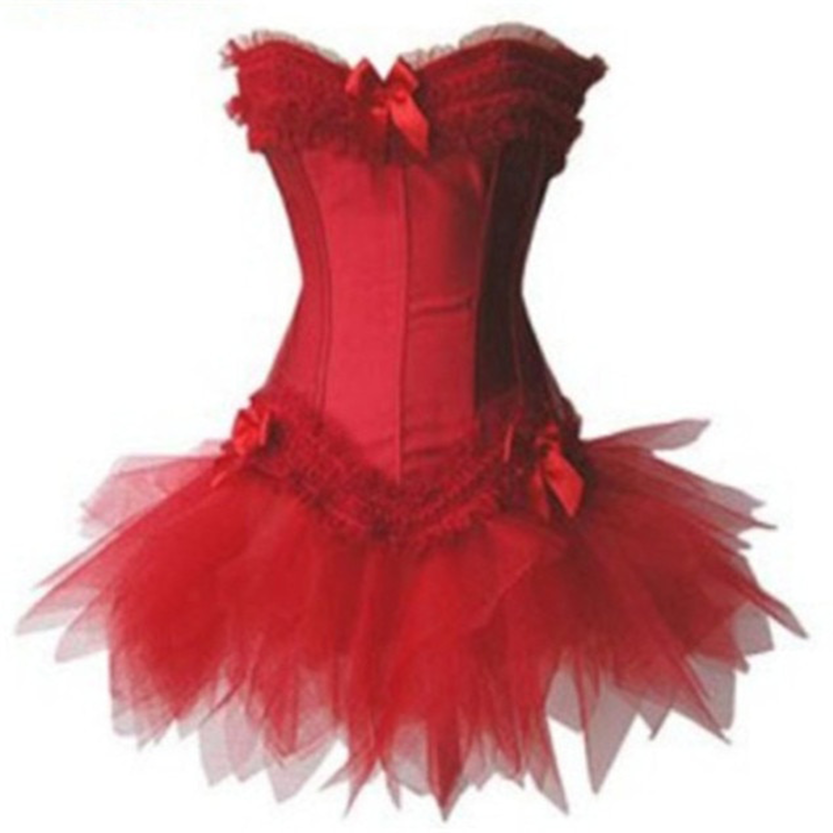 A vibrant red corset dress with tulle skirt and lace details. The dress features small bows and exudes an elegant, theatrical charm.