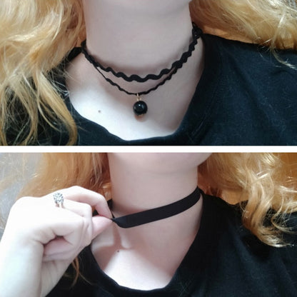 a woman wearing a black choker. The top choker is wavy with a black bead pendant; the bottom image shows a plain ribbon choker being adjusted.