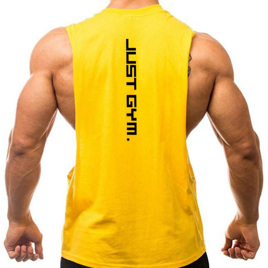 A muscular person wearing a yellow tank top displays the text "JUST GYM." on the back, emphasizing a fitness-focused aesthetic.